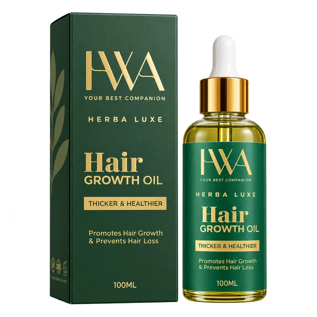 HWA Herba Luxe Hair Growth Oil — box and 100ml dropper bottle