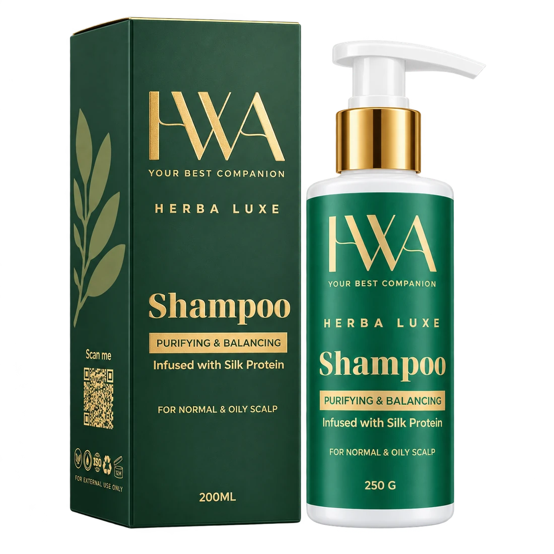 HWA Herba Luxe Shampoo — box and 200ml pump bottle